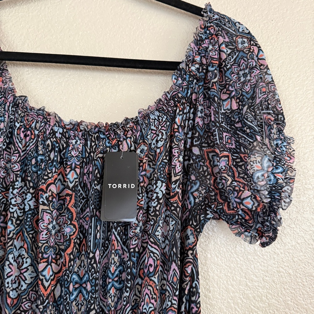Torrid Midi Mesh Off Shoulder Peasant Dress Sz 00 M L - Picture 5 of 9